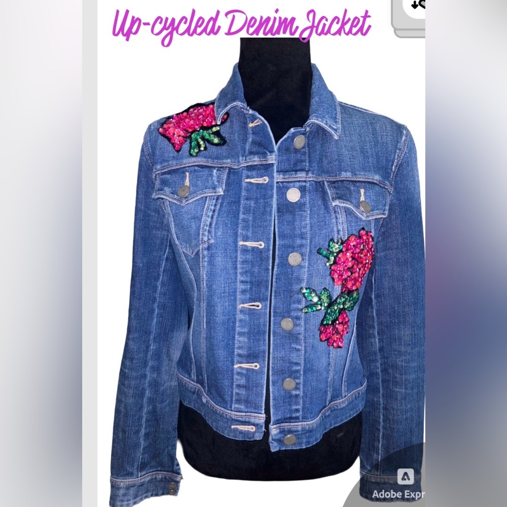 🌸Up-cycled Denim Jacket with Pink Floral‎ Rhinestone Details🌸